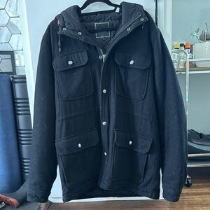 Obey Black Pea Coat with Hood and Wool Blend
